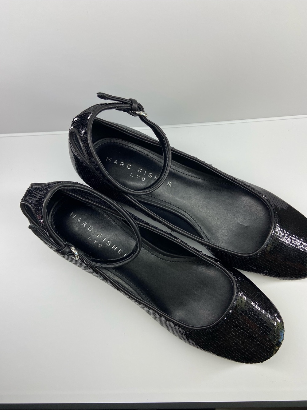Marc Fisher Black Sequin Ankle-Strap Flats
